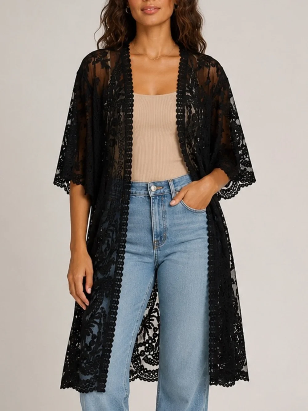 Black Lace Kimono Duster - Picture 2 of 4